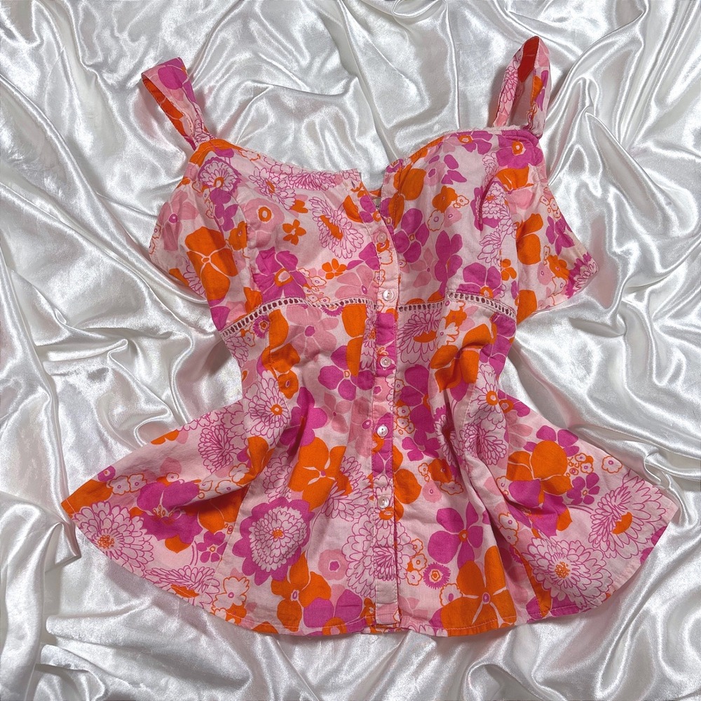 Vintage St. John's Bay Tank Top Pink Orange Excellent Floral Button Peplum XL